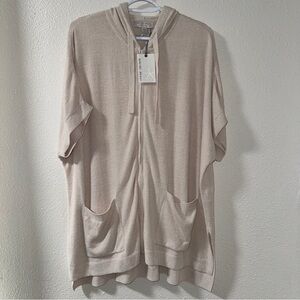 Barefoot Dreams CozyChic Ultra Lite short-sleeve zip up hoodie in an almond S/M